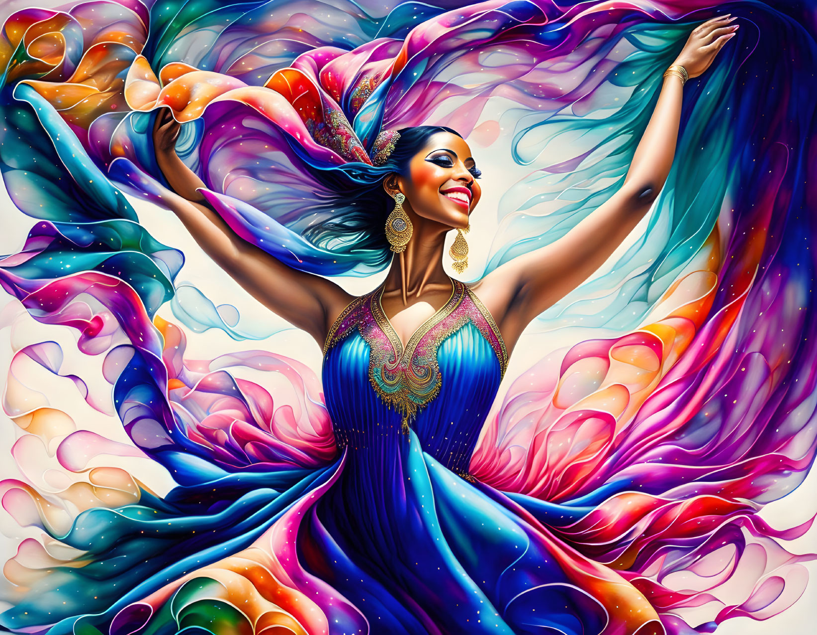 Colorful digital artwork: Smiling woman dancing in flowing dress