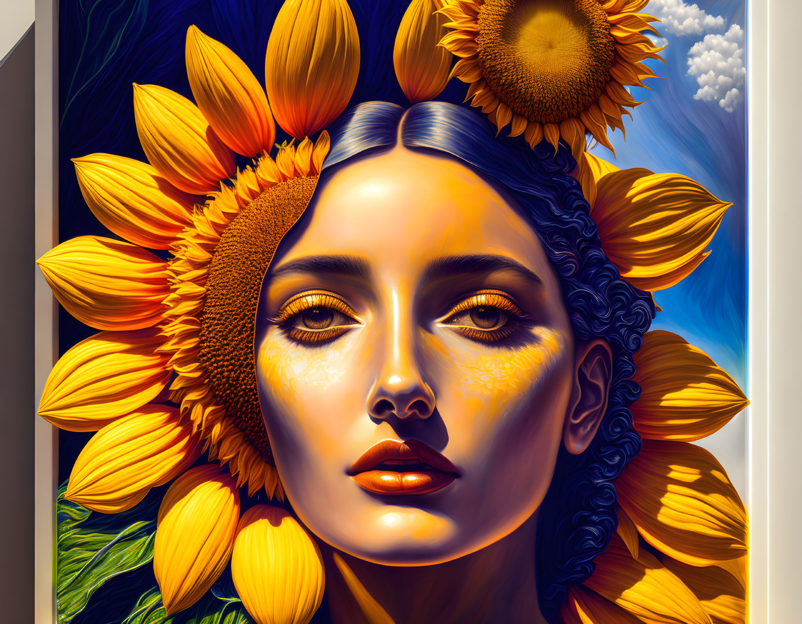 Woman with Sunflowers in Hair Serene Expression Blue Skies White Clouds