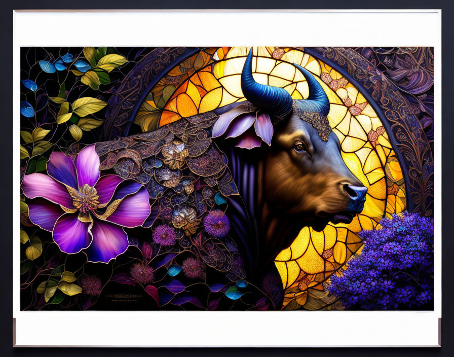 Colorful Bull's Head Artwork with Floral and Stained Glass Motifs