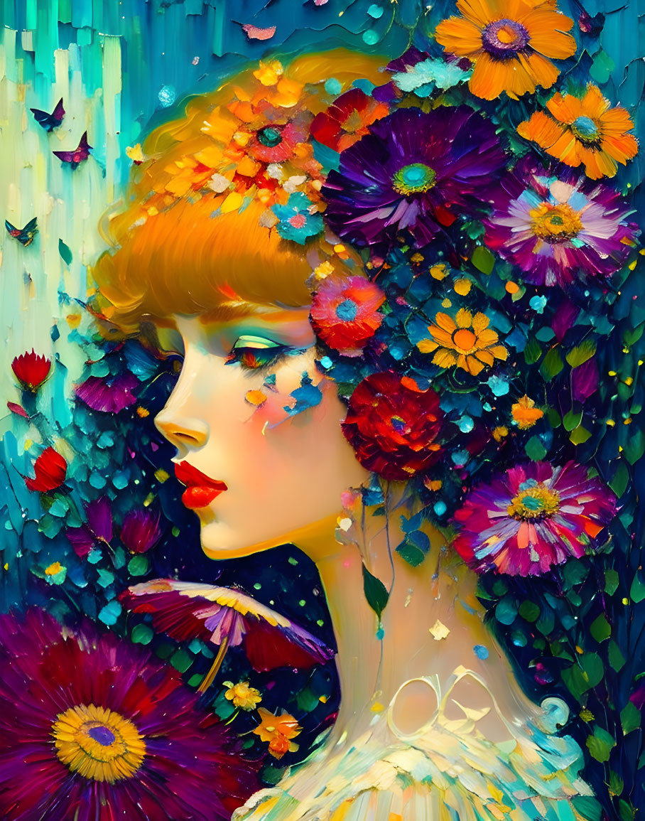 Colorful floral motif painting of a woman with flowers in her hair on blue backdrop