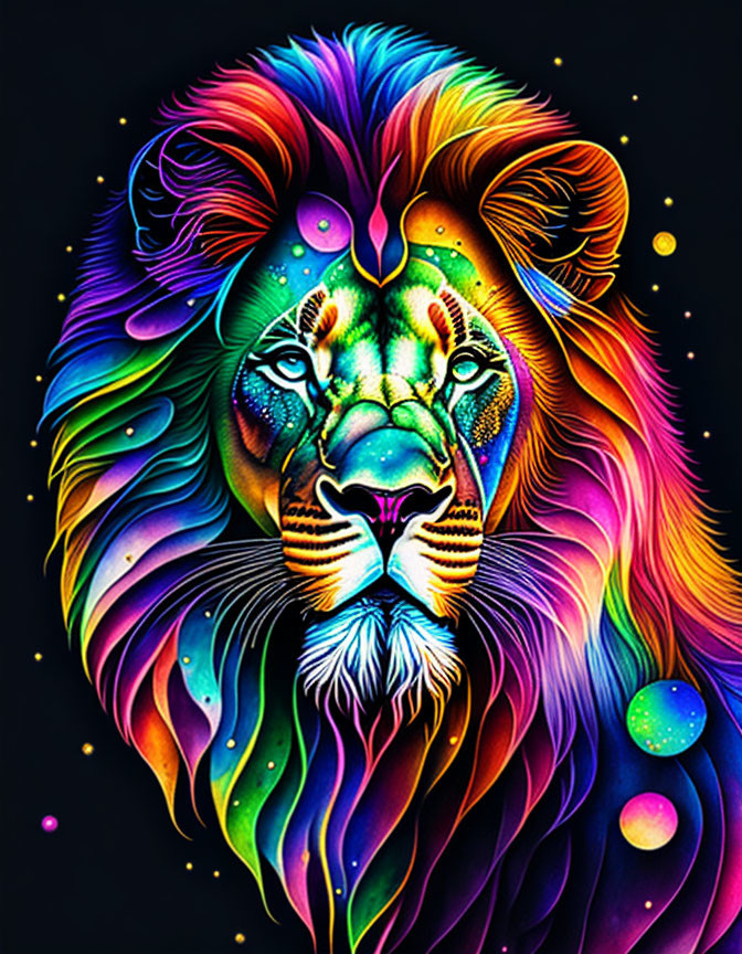 Colorful Psychedelic Lion Face Illustration on Starry Background