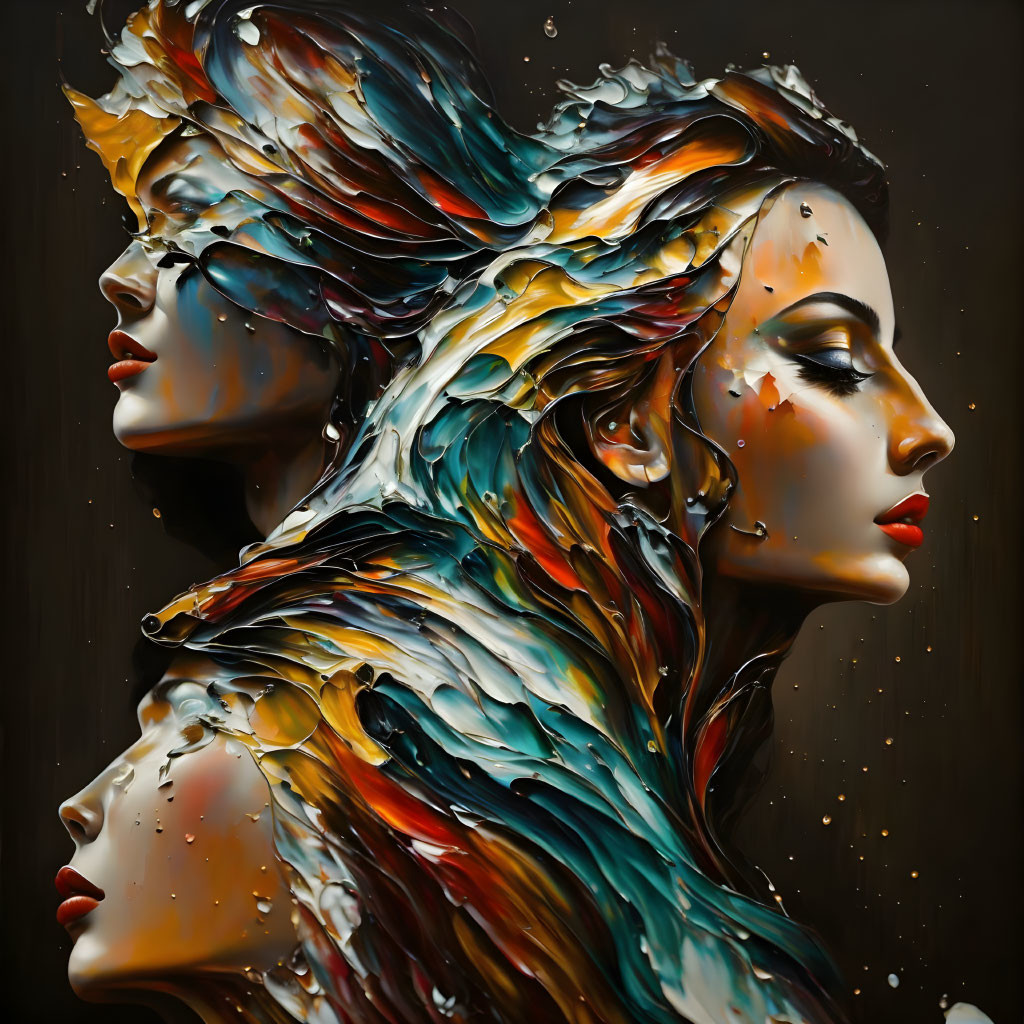 Three Women Profiles with Vibrant, Flowing Hair on Dark Background