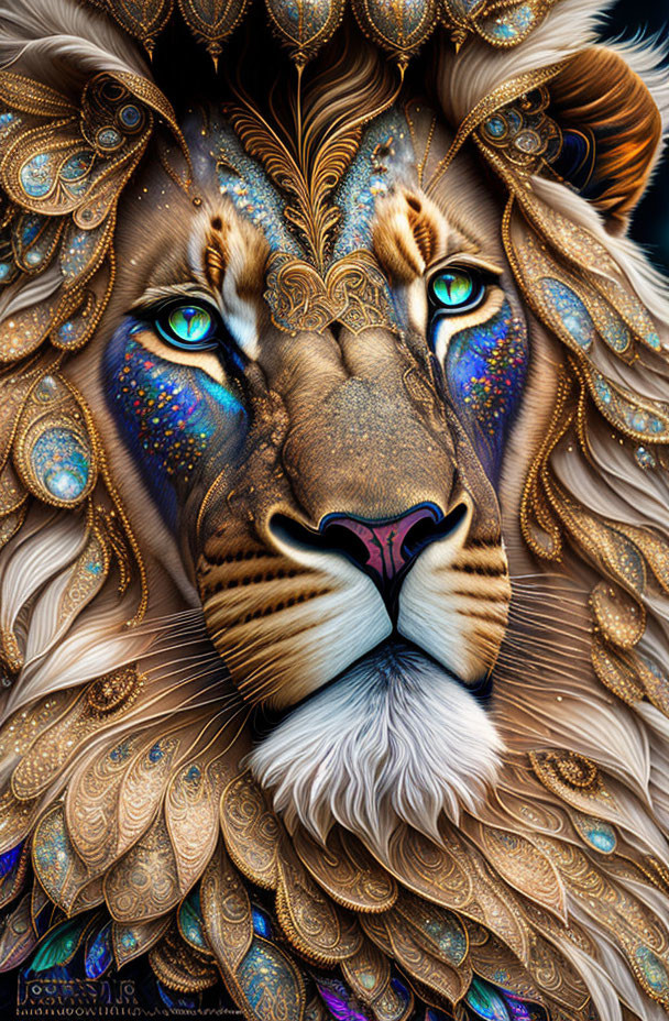 Detailed Lion Illustration with Blue Eyes and Golden Ornaments