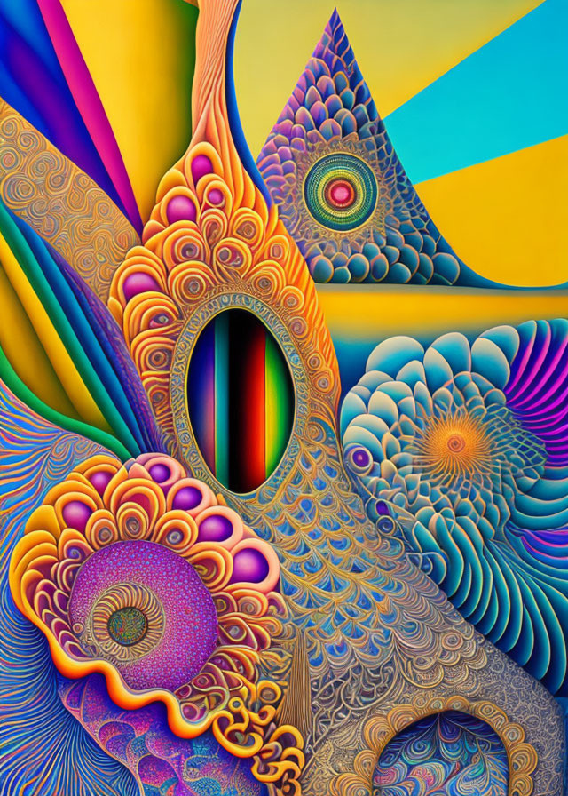 Colorful abstract art with spirals, waves, eye motifs in yellow, blue, purple hues