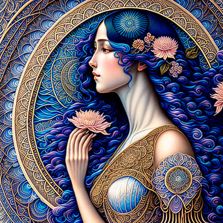 Colorful illustration: Woman with blue hair and lotus in front of mandala