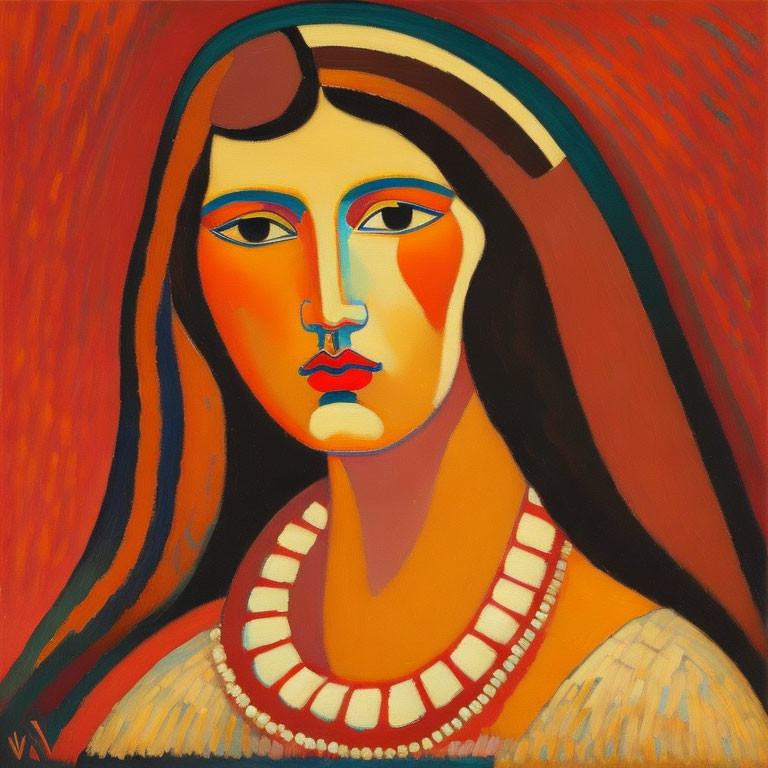 Colorful Cubist-inspired abstract portrait of a woman on red background