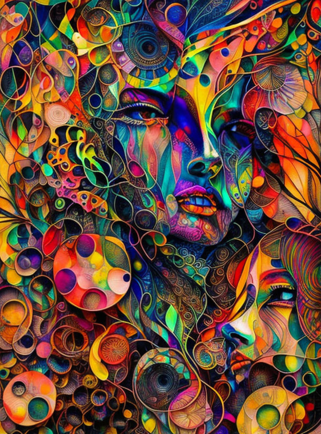 Colorful psychedelic artwork: intertwined women's faces with intricate patterns