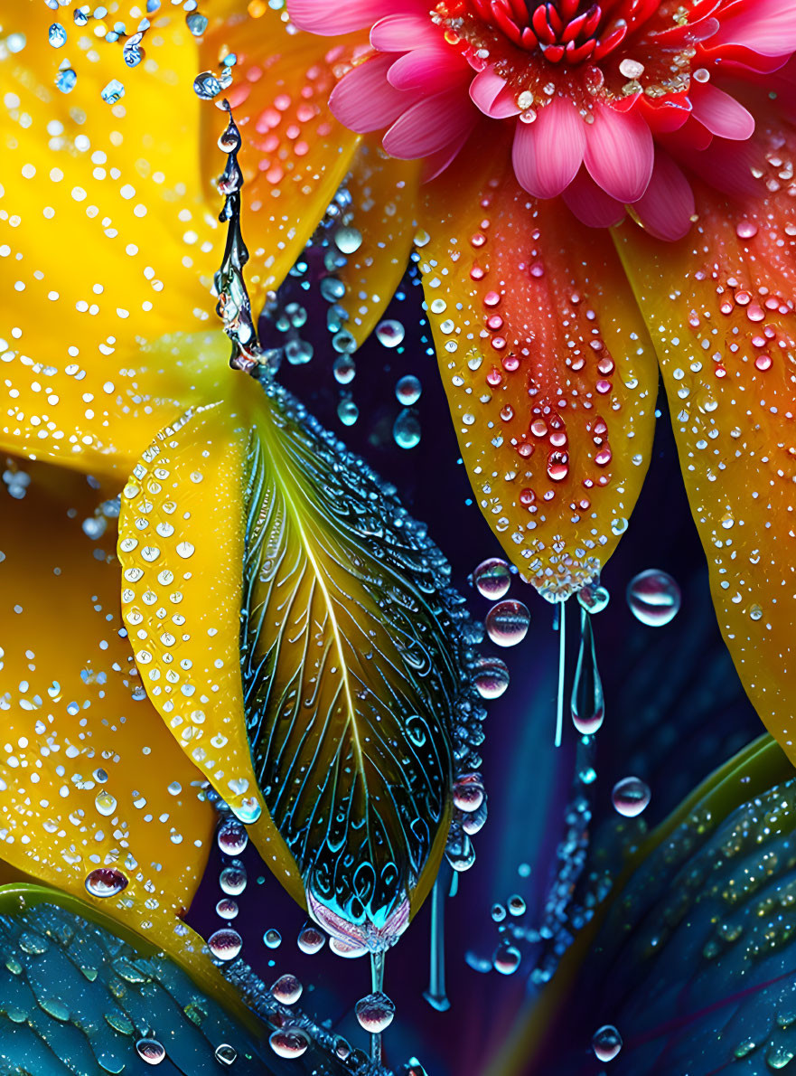 Vibrant petals and feather with water droplets on dark backdrop