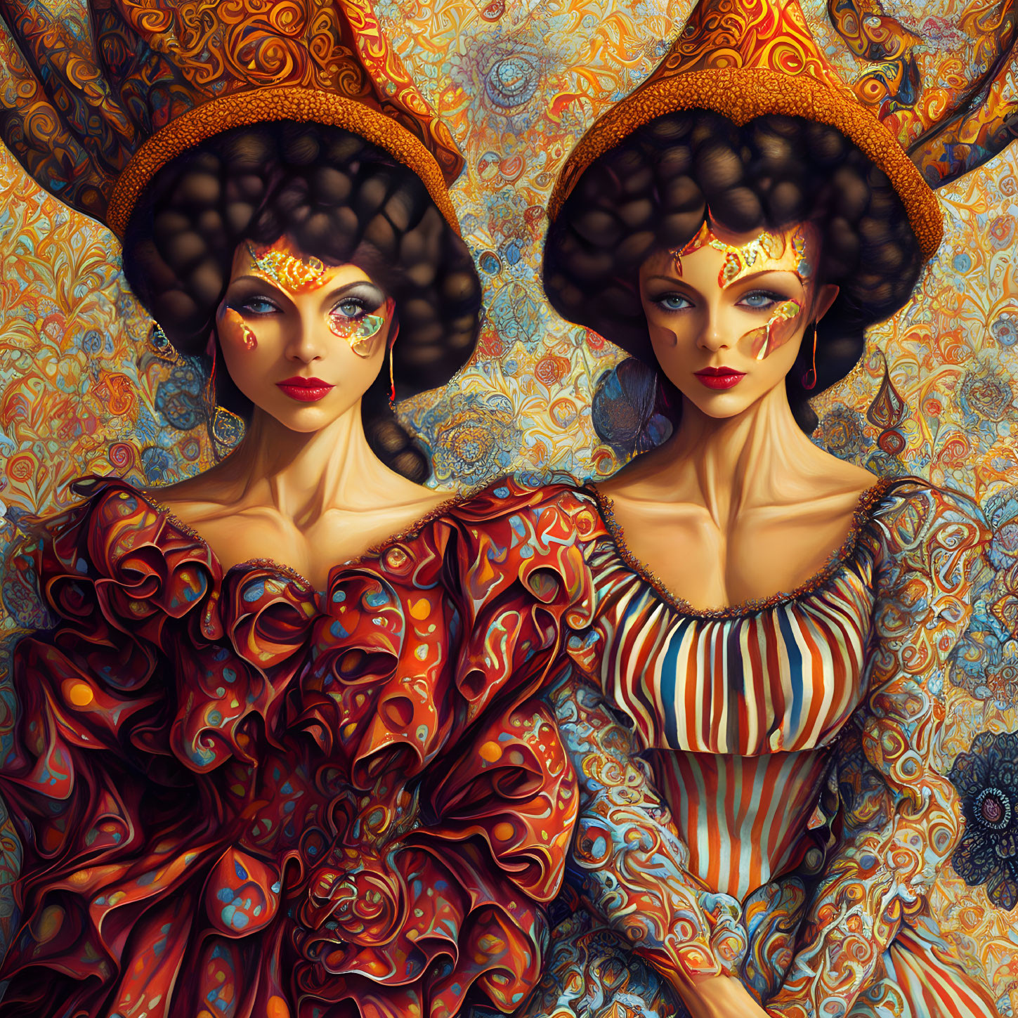 Stylized women with intricate headdresses and ornate clothing on patterned background