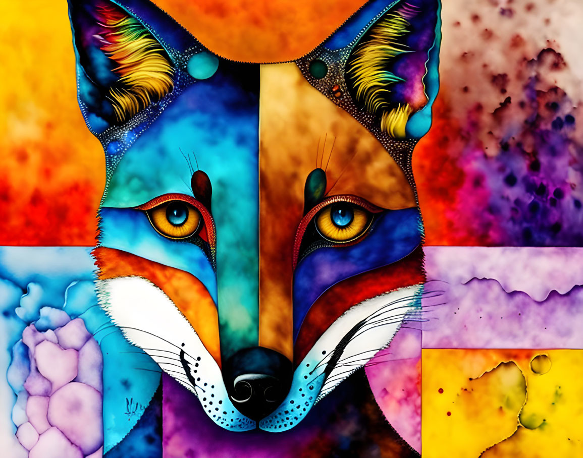 Colorful Fox Face Painting with Abstract Patterns & Textured Background