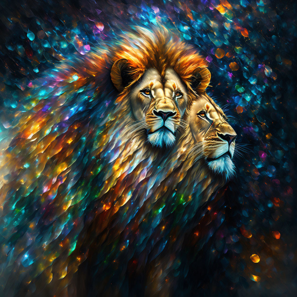 Colorful Lion Head Artwork on Cosmic Background