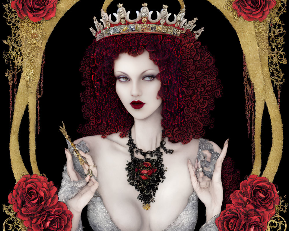 Regal woman with red curly hair and crown in royal setting