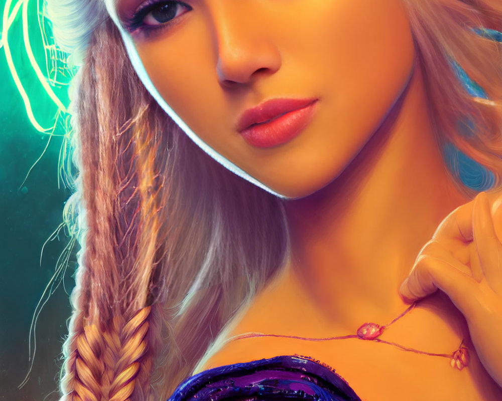 Digital art portrait of woman with neon accents and blue orb in braided hairstyle