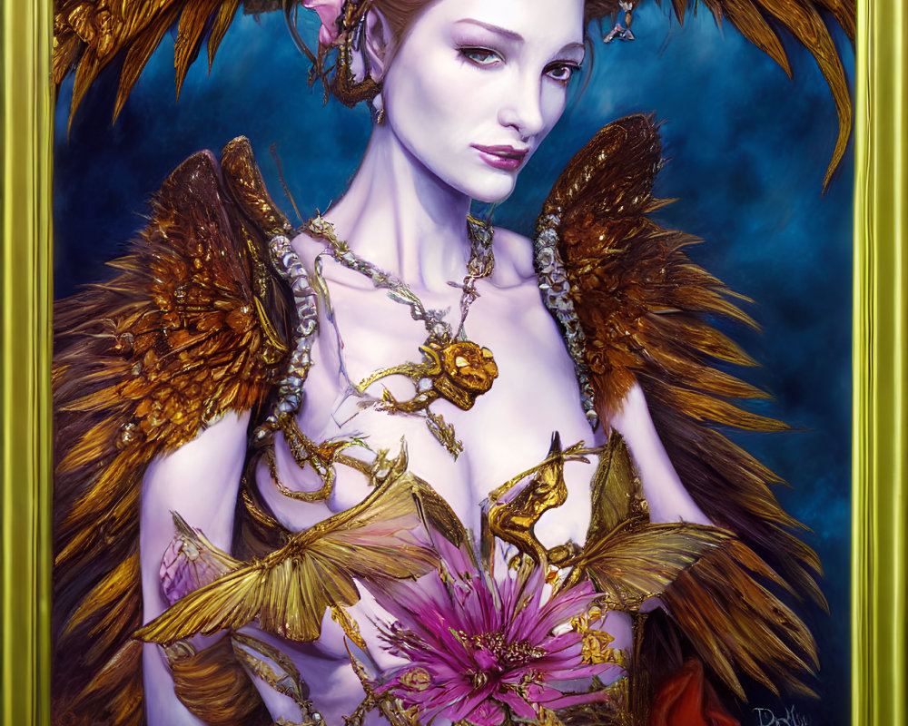 Fantastical female figure with bird-like wings in vibrant blues and golds