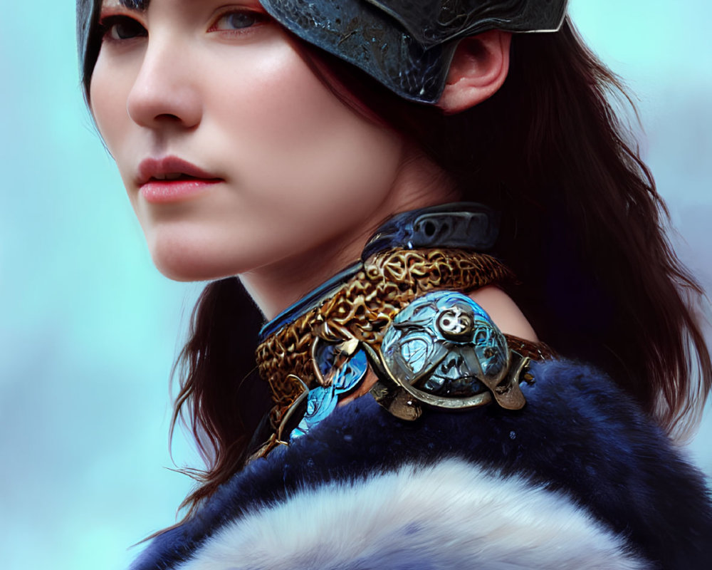 Fantasy portrait of woman in metallic helmet and ornate armor with fur cloak on blue background