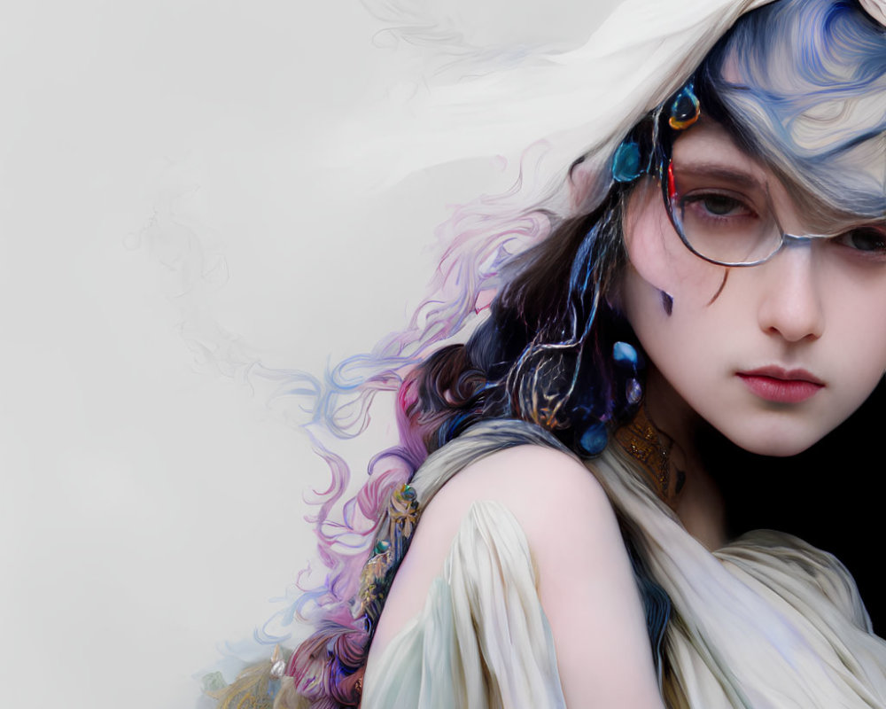 Digital portrait: Person with blue wavy hair, glasses, flowing garment, and smoke effect.