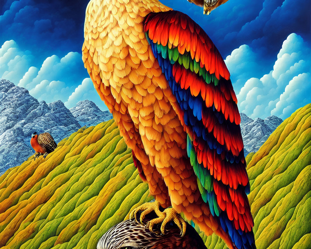 Colorful eagle with rainbow feathers in mountain landscape