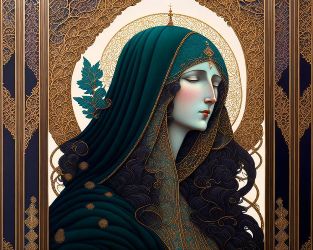 Illustrated Woman with Green Veil and Gold Patterns in Ornate Frame