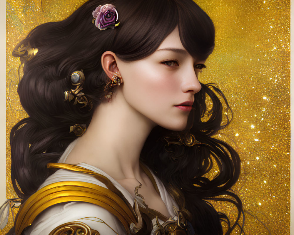 Portrait of Woman with Long Black Hair and Gold Accessories on Golden Background