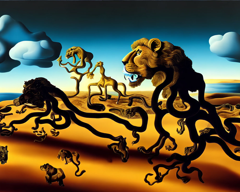 Surreal lion painting: intertwined bodies in black to gold, running in desert under whimsical blue