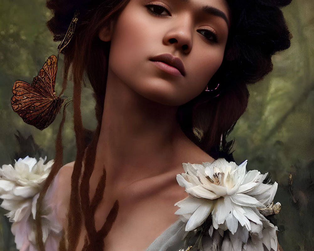 Woman portrait with flowers and butterfly, nature-inspired ambiance