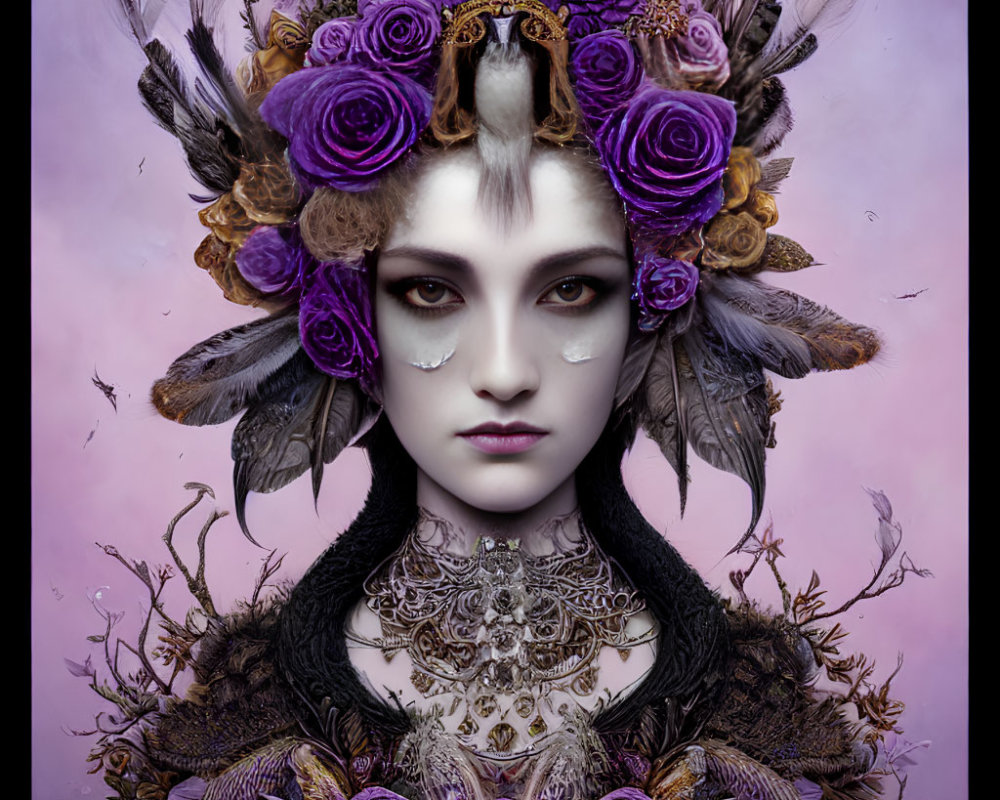 Portrait of a person with pale skin and dark eyes wearing a headdress of purple roses, feathers,