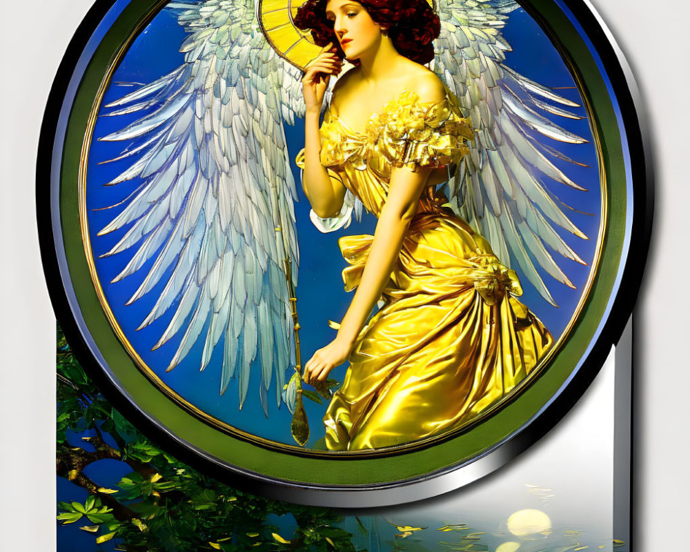 Golden halo angel with white wings in yellow robes on round frame