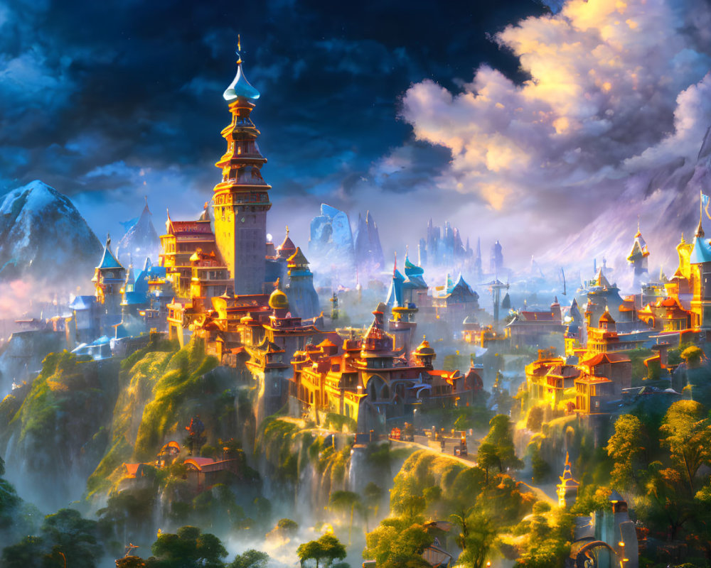 Fantasy Landscape with Illuminated Castles and Pagodas