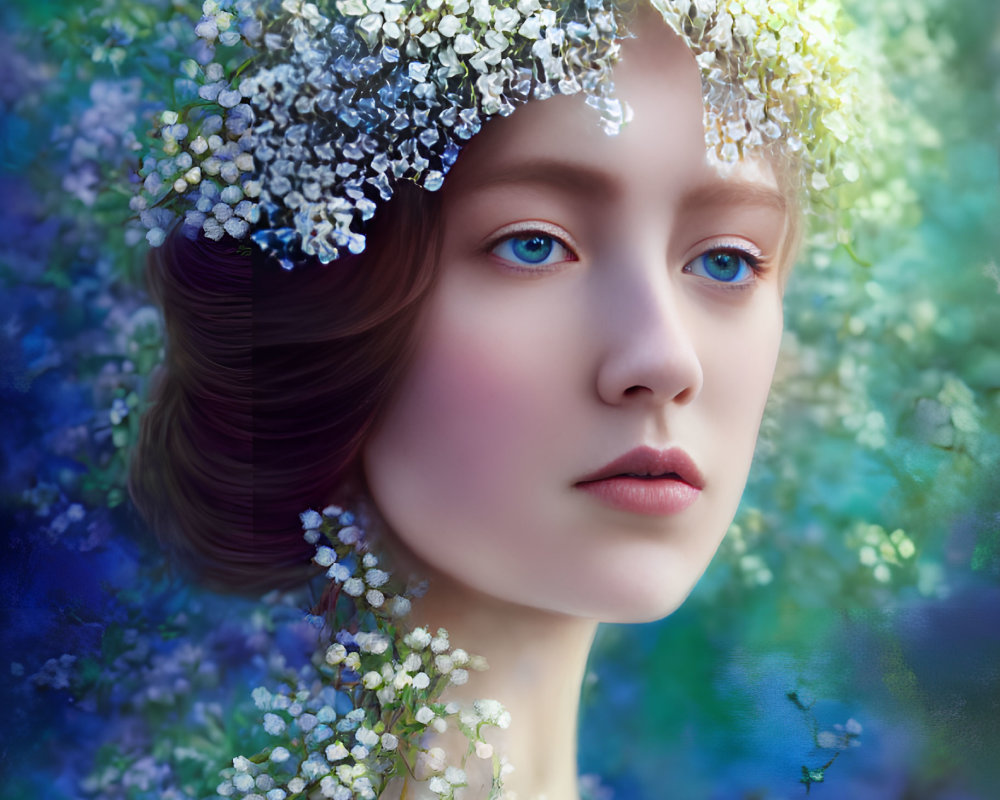 Digital Artwork: Woman with Floral Crown in Blue-Toned Background