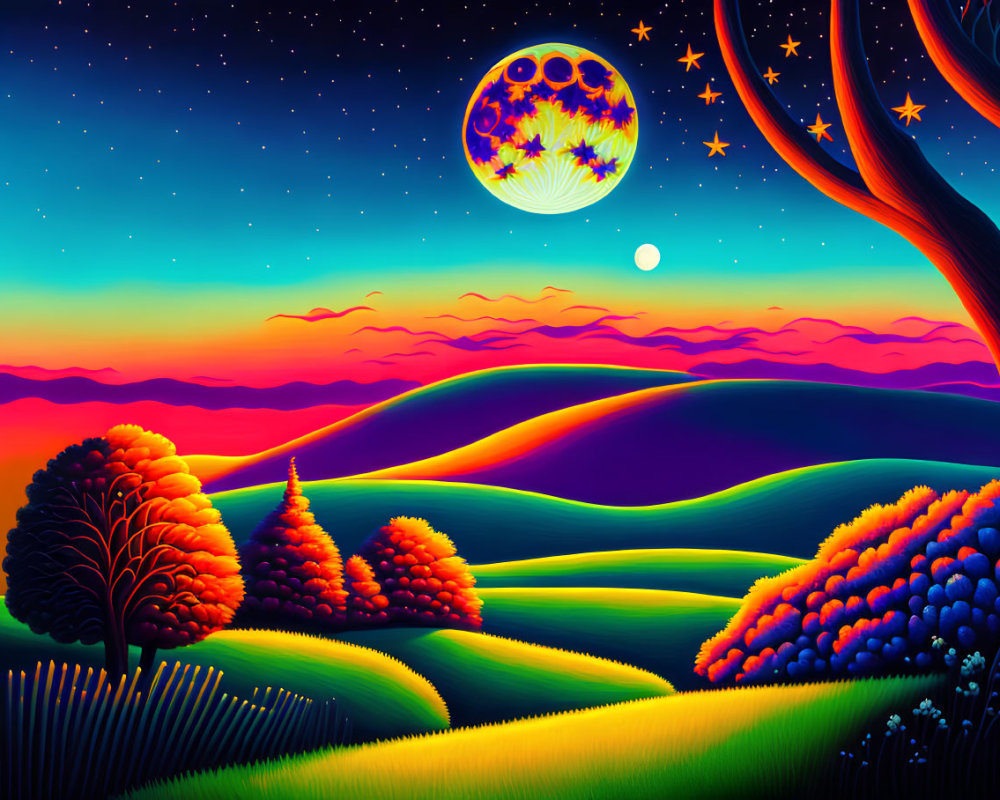 Colorful surreal landscape with rolling hills, starlit sky, and patterned moon.