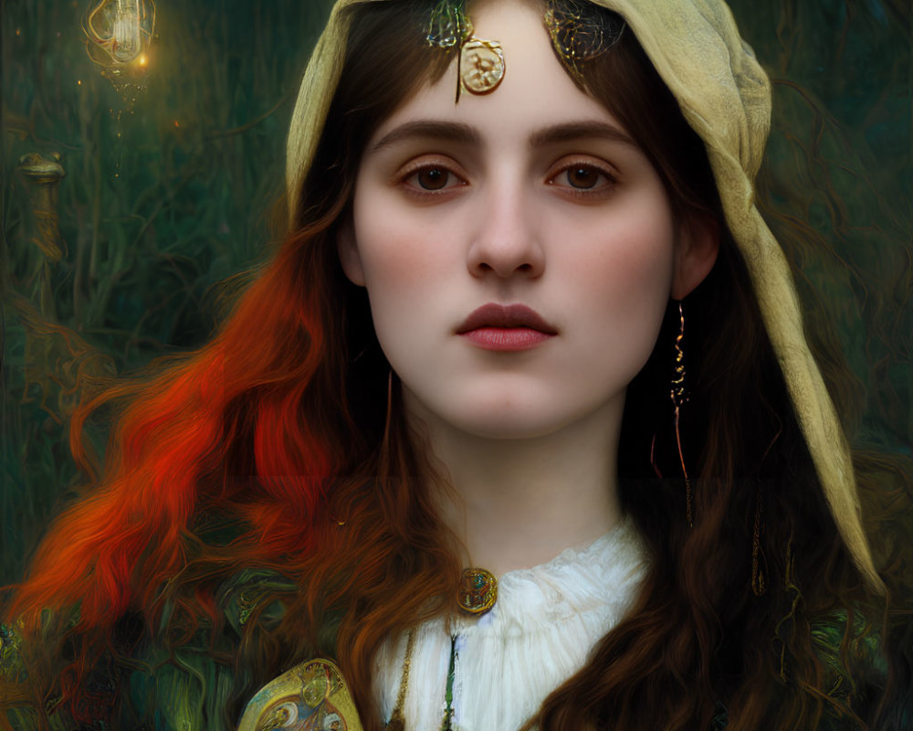 Young Woman with Striking Red Hair and Golden Jewelry in Mystical Green Setting