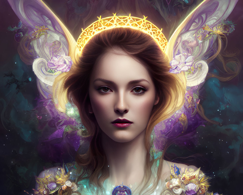 Regal female figure with golden crown and butterfly wings in mystical setting