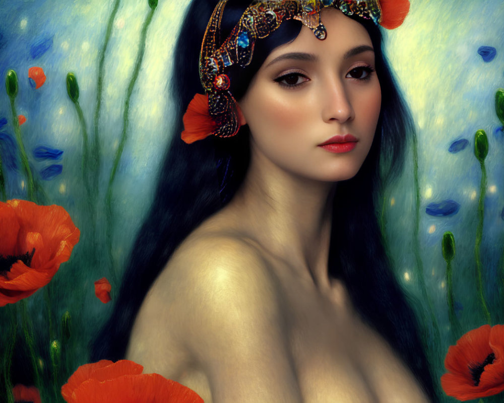 Portrait of Woman with Dark Hair and Jewelry Among Red Poppies on Blue Background