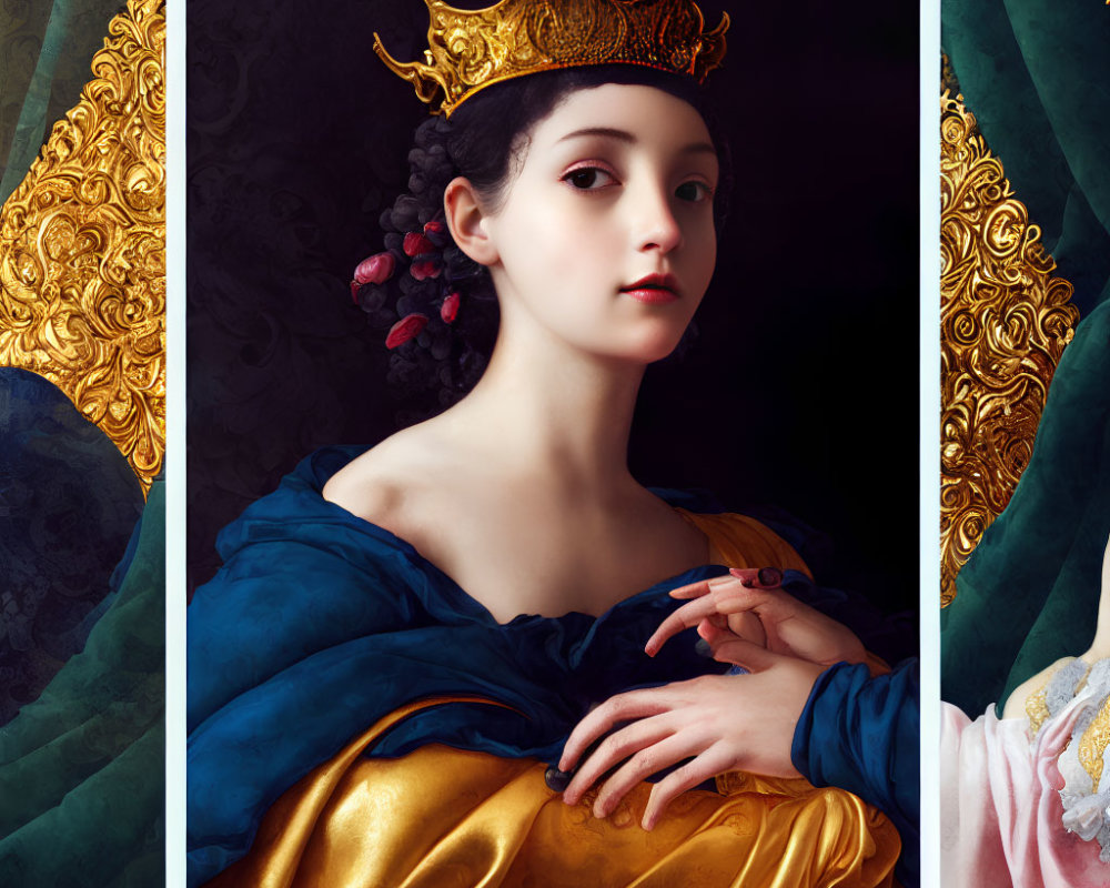 Renaissance-style woman portrait in blue and gold dress