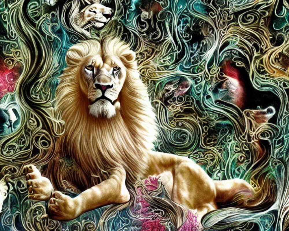 Colorful Psychedelic Lion Artwork with Swirling Patterns