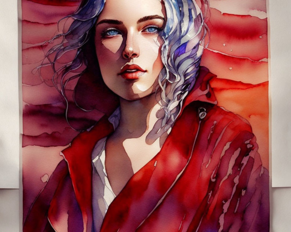 Portrait of Woman with White and Blue Hair in Red Cloak