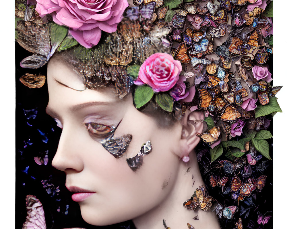 Surreal portrait of woman with pink roses and butterflies for a dreamlike vibe