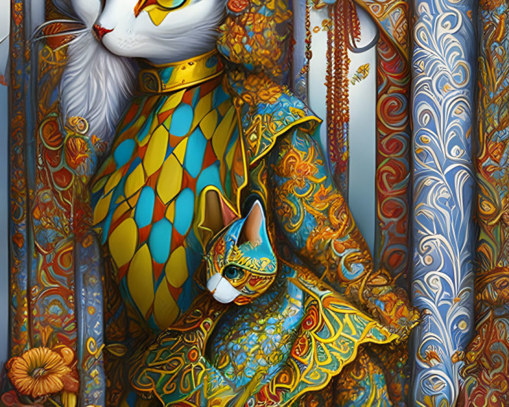 Colorful Anthropomorphic Cat in Regal Attire Against Detailed Columns