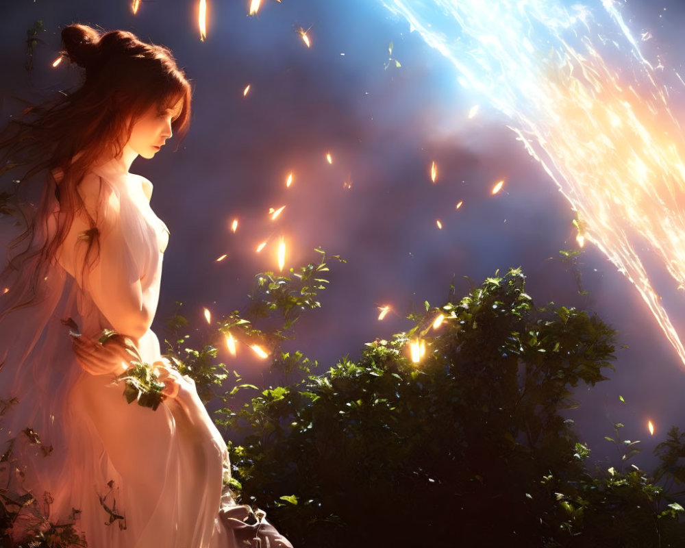 Woman in white watching meteor shower among glowing fireflies in mystical garden.