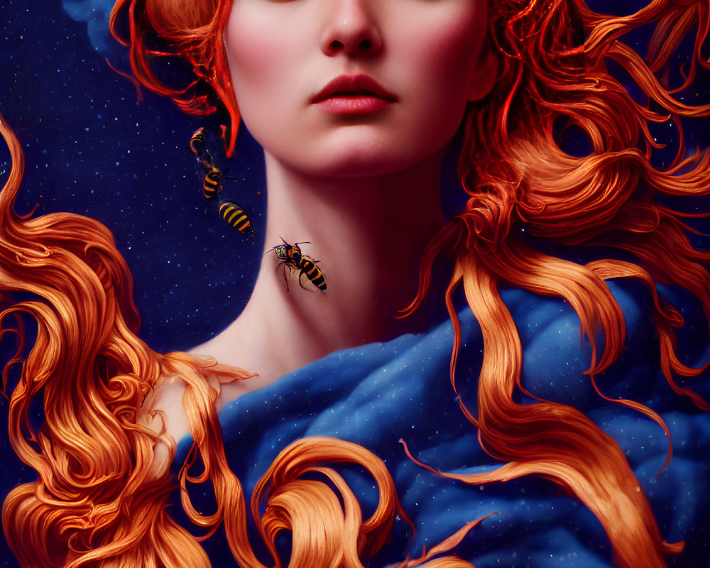 Red-haired woman with swirling hair and bee on shoulder against starry blue backdrop