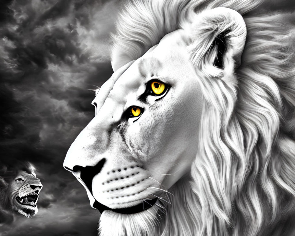 Majestic lion with yellow eyes in monochrome against dramatic clouds