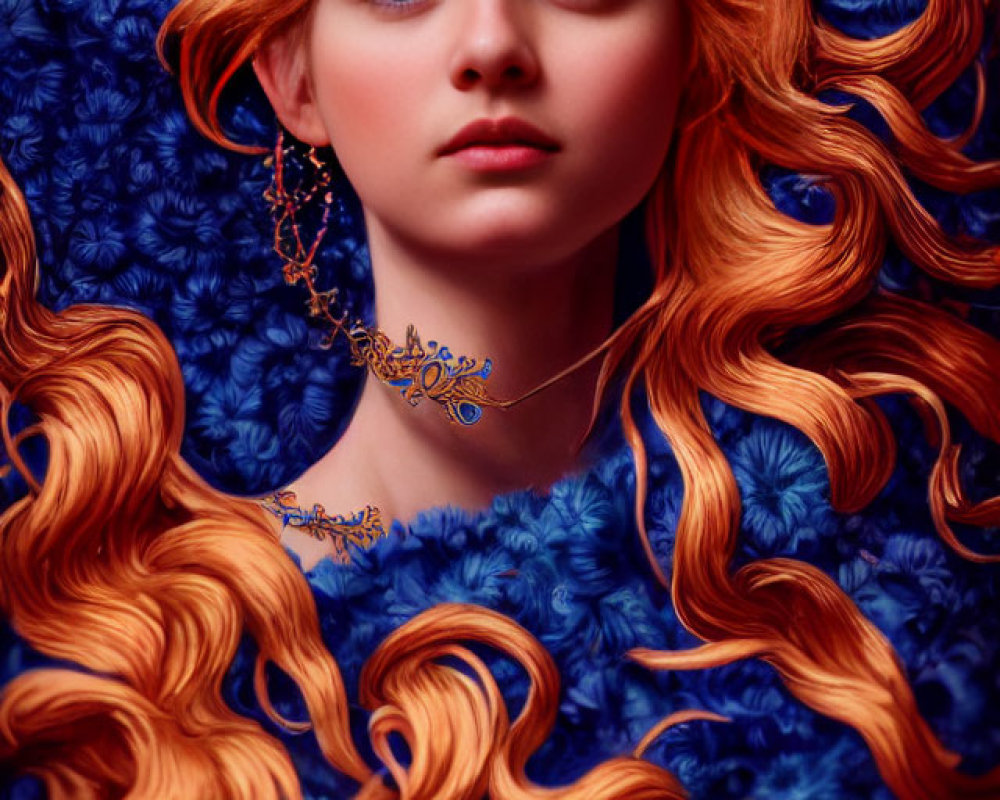 Portrait of Woman with Red Hair and Jewelry on Blue Floral Background