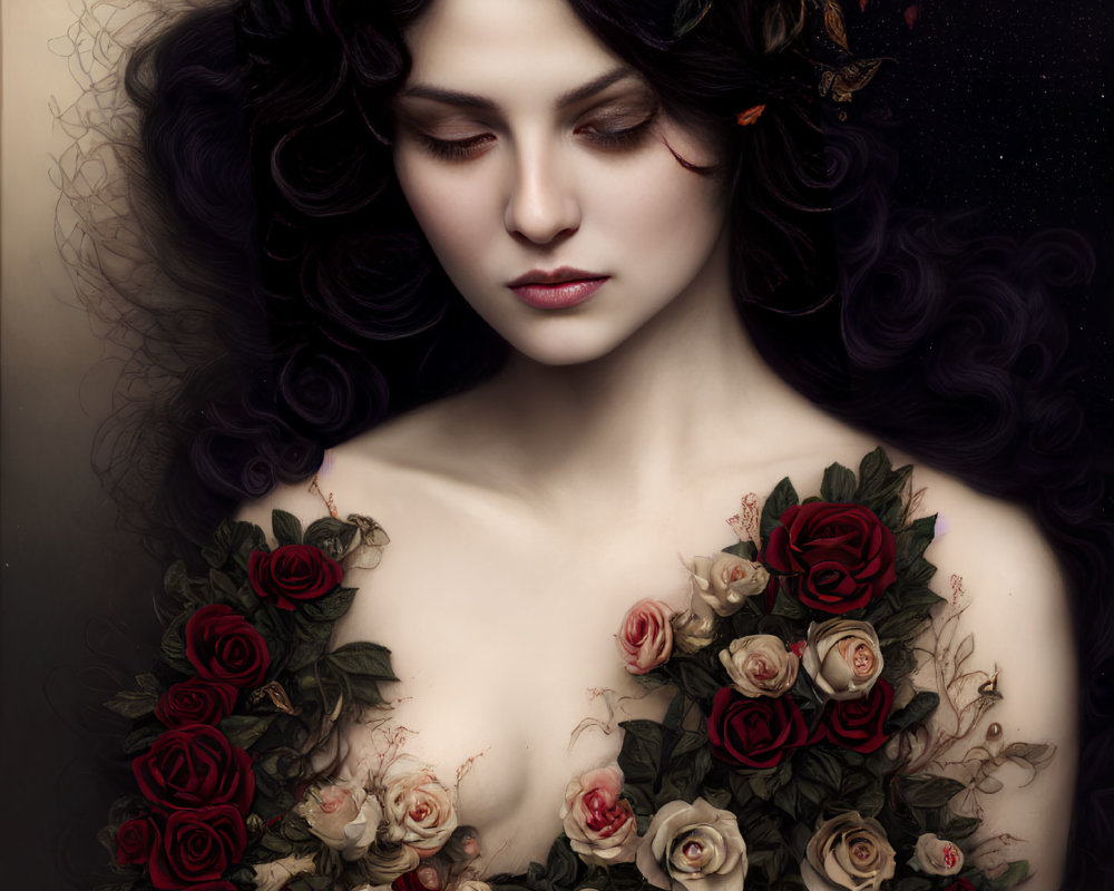 Portrait of woman with dark hair and red roses on shoulders against dark background