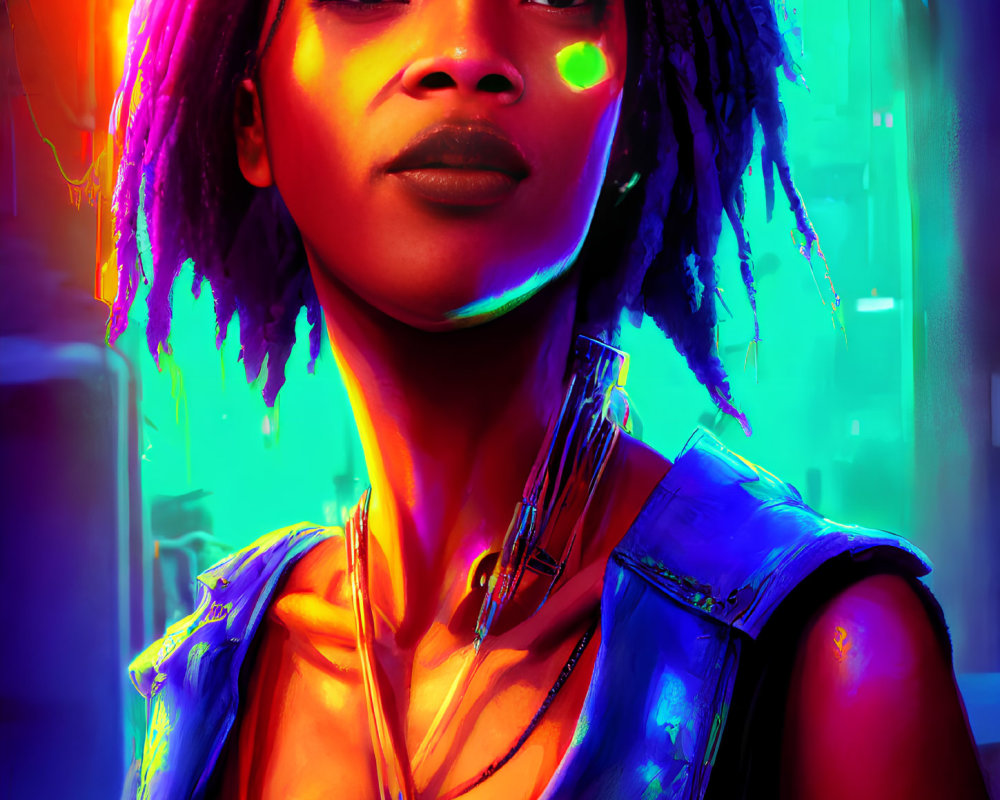 Portrait of Woman with Purple Dreads and Cybernetic Neck Enhancements