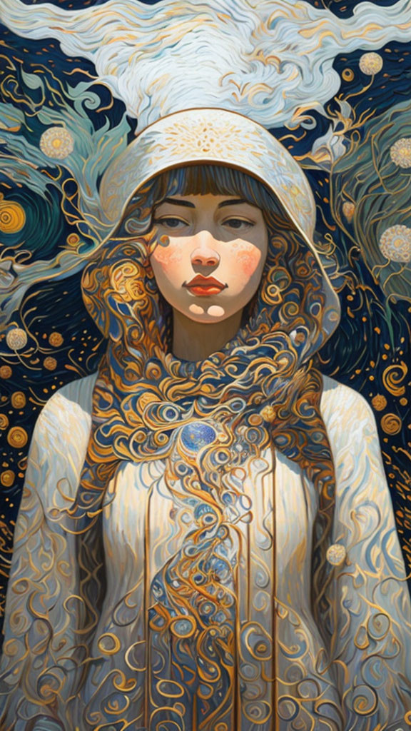 Serene person in golden-patterned cloak on Van Gogh-esque starry backdrop