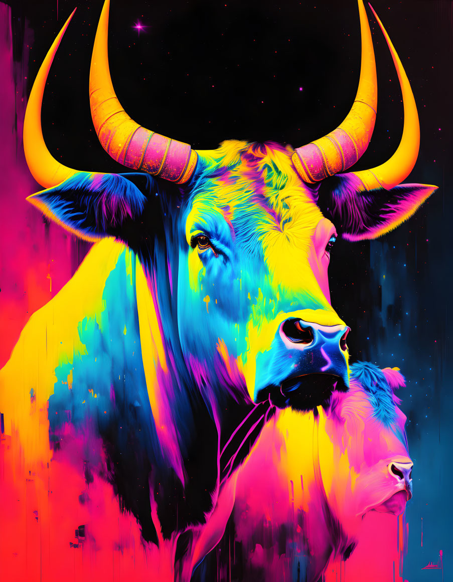 Colorful digital artwork of a neon bull on cosmic background