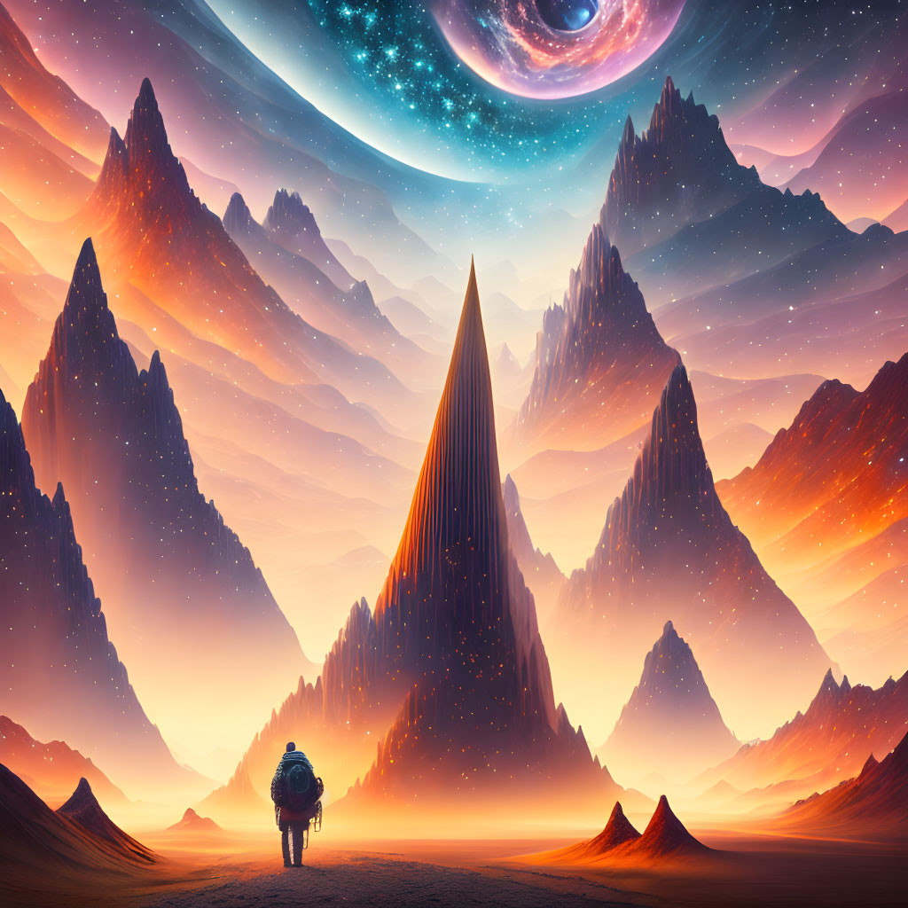 Astronaut in alien landscape with towering mountains and swirling galaxy sky