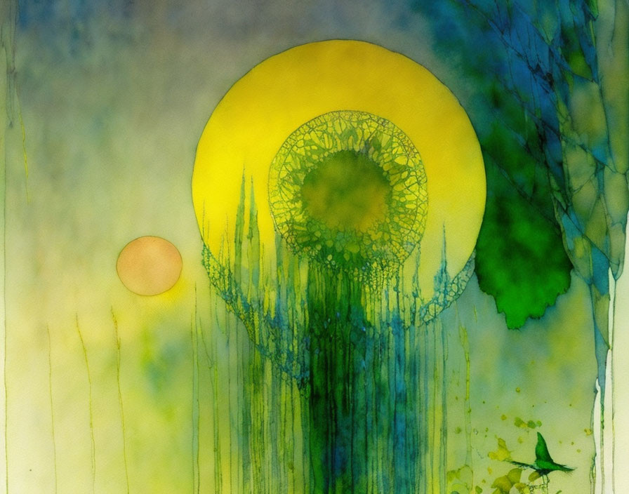 Colorful Abstract Watercolor Painting with Yellow Orb and Bird Silhouette