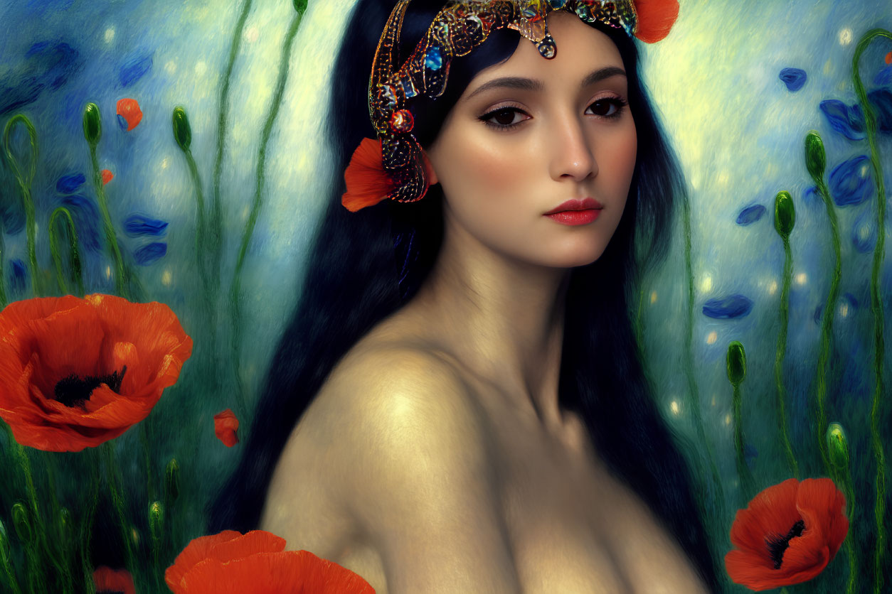 Portrait of Woman with Dark Hair and Jewelry Among Red Poppies on Blue Background