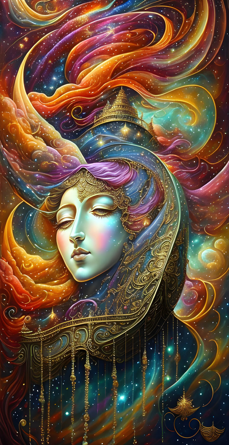 Colorful cosmic illustration of female figure merging with space scene